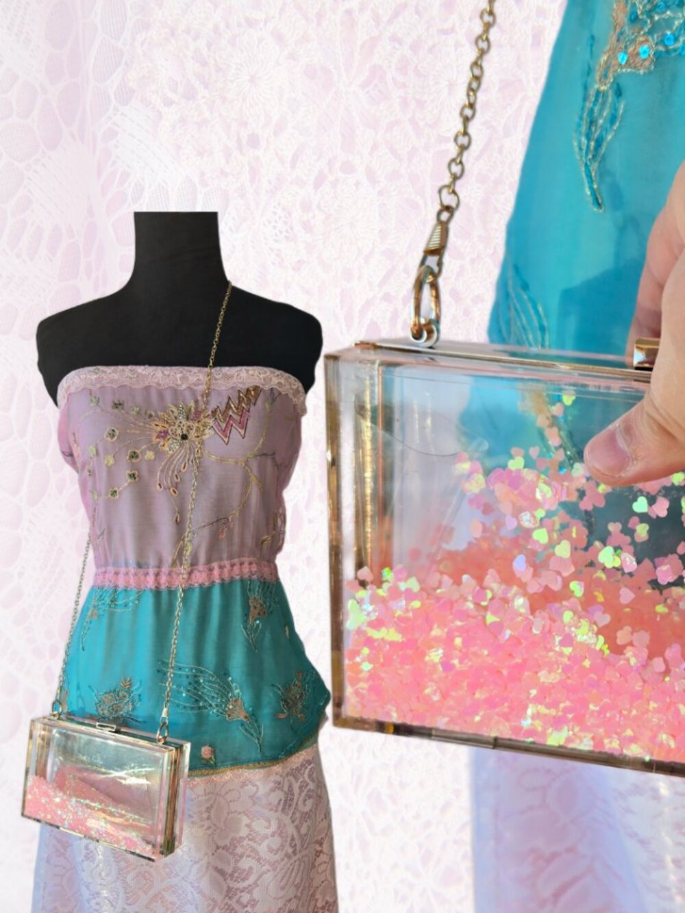 JeVenis Clear Box Clutch Shoulder Bag with Pink Floaty Sequins Glam Y2k-Style